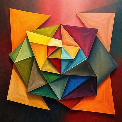 The primary subject of the image is a colorful geometric artwork, featuring a combination of yellow, green, blue, and red colors. The artwork is displayed on a red background, which adds a striking contrast to the vibrant colors of the geometric shapes. The visual style of the image is a mix of digital art and illustration, creating a unique and eye-catching design. The overall atmosphere of the image is lively and energetic, with the bold colors and intricate patterns capturing the viewer's attention
